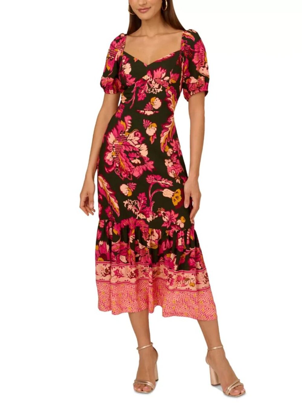 Adrianna Papell Floral-Print Puffed-Sleeve Midi Dress